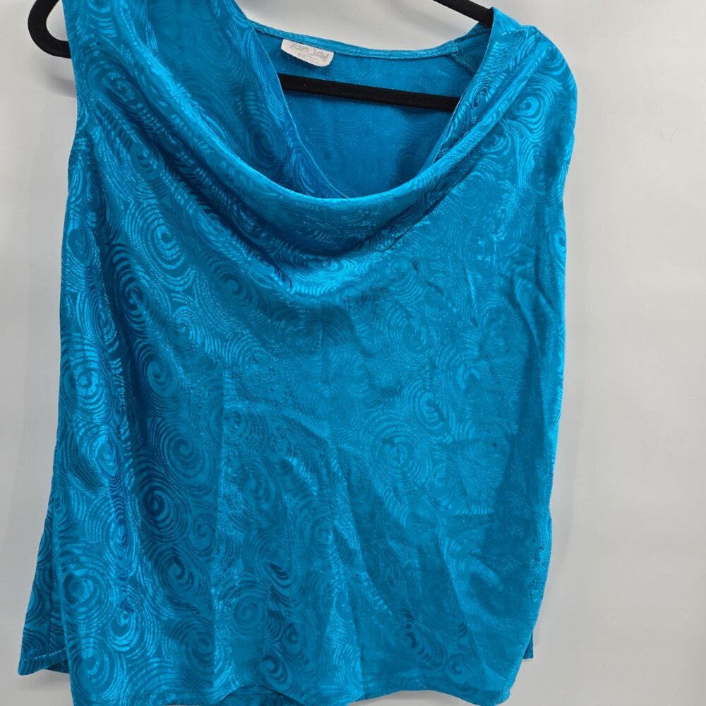 Vintage 80s 90s TanJay Electric Blue Embossed Swirls Sleeveless Cowl Top - Picture 3 of 7